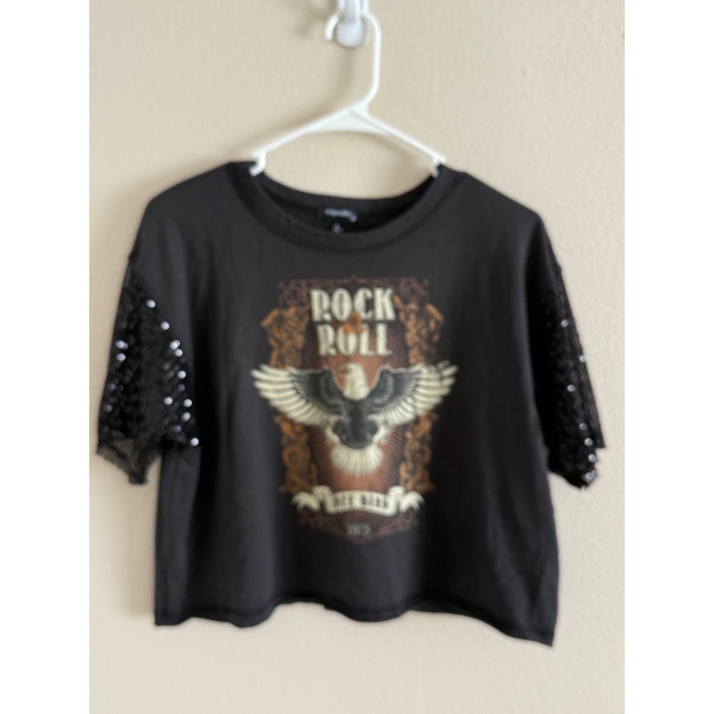 Originality‎ Womens Rock & Roll Free Bird Graphic Tee Sequin Sleeve Black Large